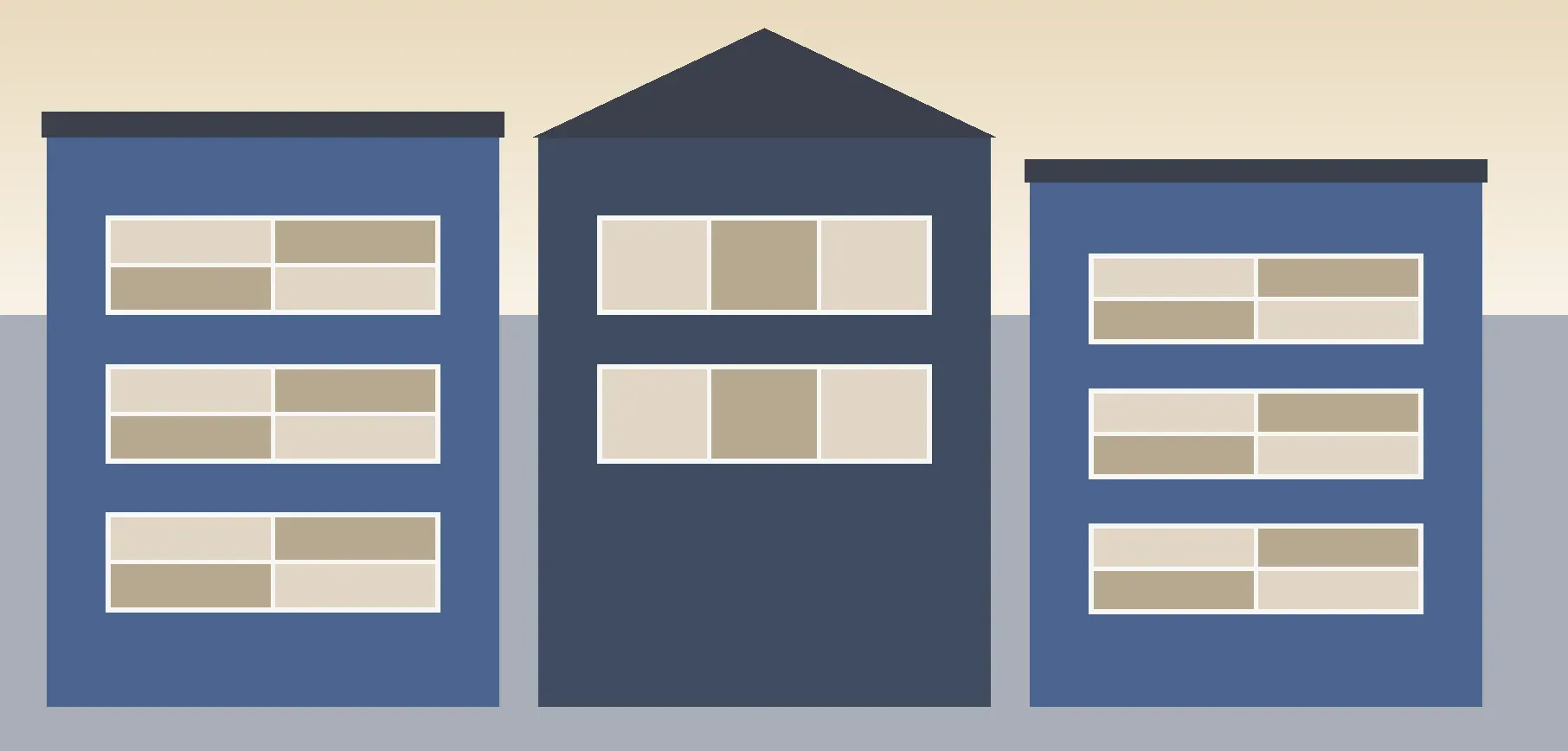 Vlakke tekening, geen foto: drie huisblokken naast elkaar in blauw en donkerblauw, één met een puntdak en twee met een plat dak, met in totaal acht vensters van licht zandbeige en zandbeige rechthoeken.